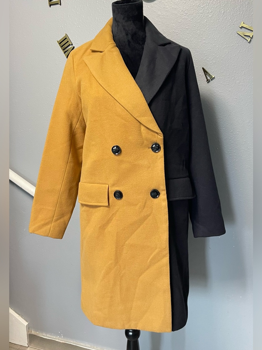 Who What Wear Colorblock Camel and Black Double-Breasted Pea Coat